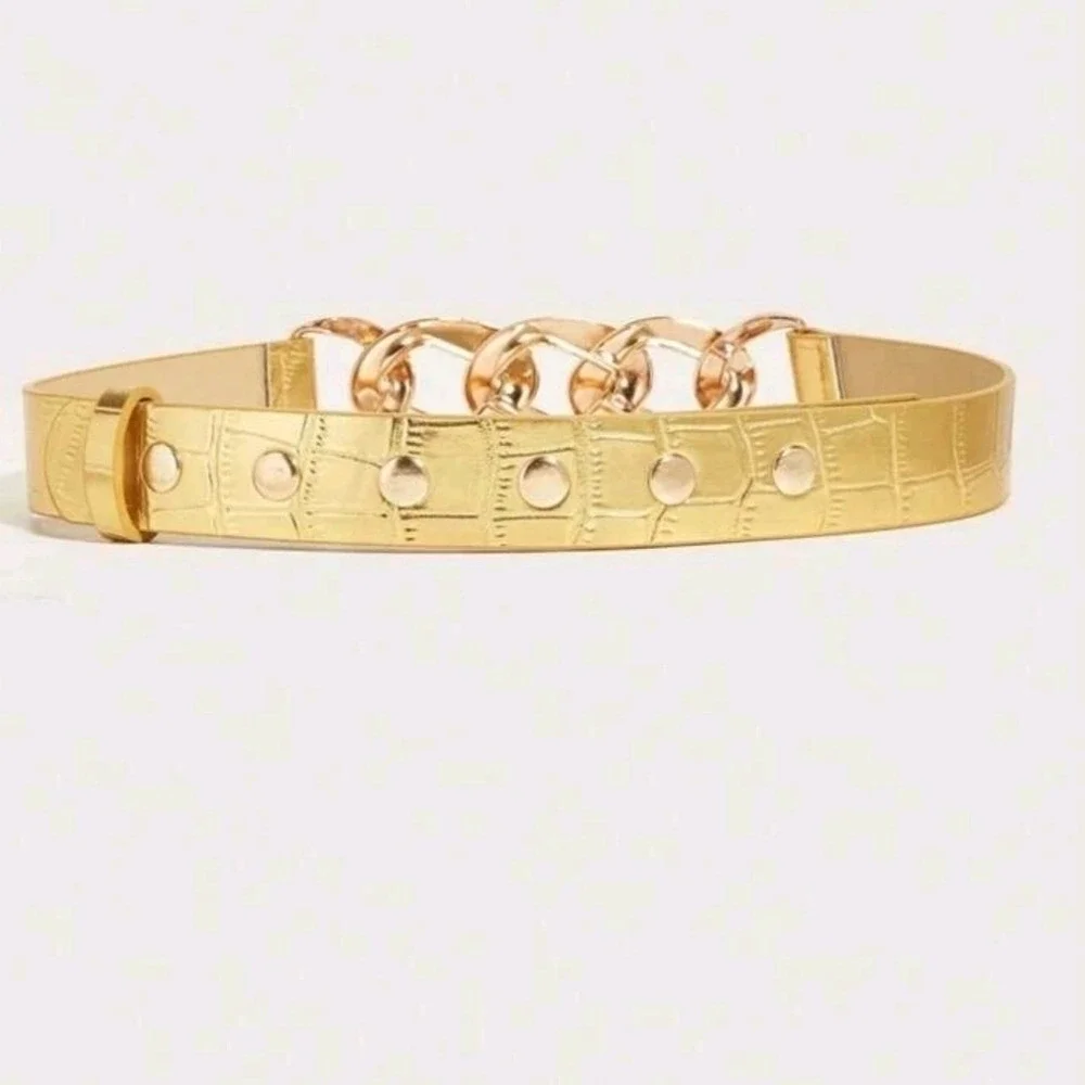 New Women's Gold Tone double Chain Belt‎  Adjustable  metal×leather 44 inches